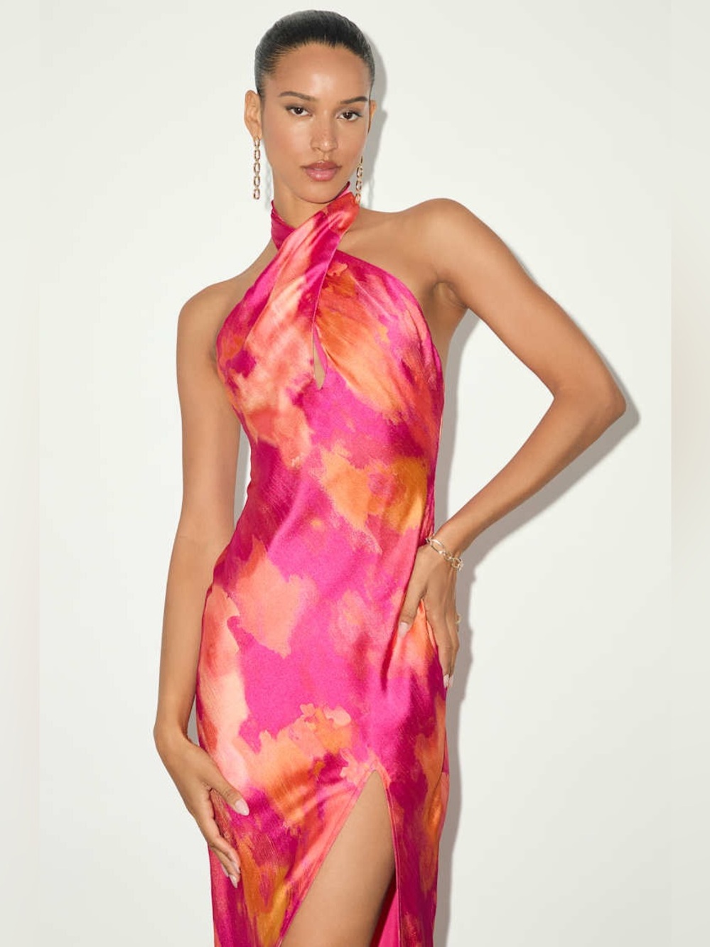 Lulus Beyond Classy Pink Multi Abstract Print Satin Halter Midi Dress